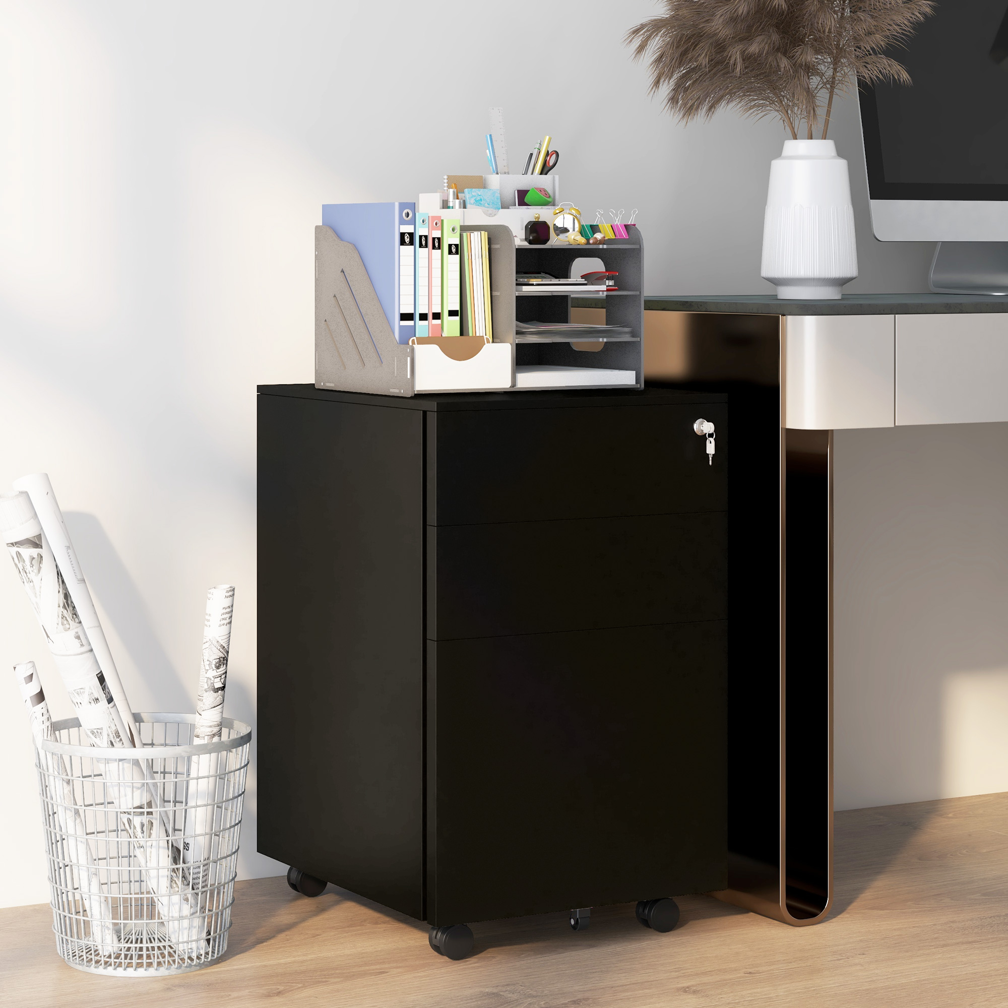 Aktenschrank Abschließbar Mit Schubladen 37l X 43,5b X 60h Cm Rollbar Mit Bremsen 3-stufig Verstellbare Leiste Aus Stahl Schwarz