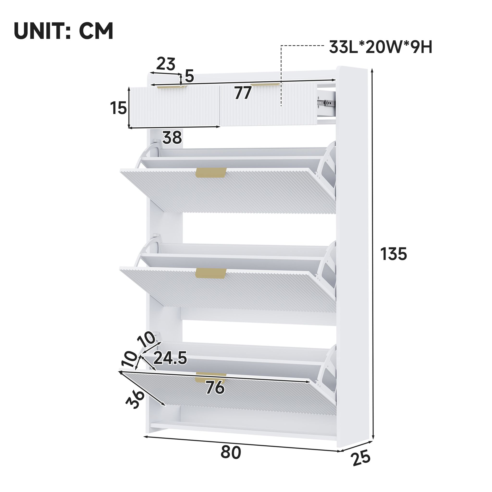Moderner, Schmaler Schuhschrank Mit 3 Klappfächern Und 2 Schubladen, Schuhkipper Für Flur Und Eingangsbereich, Weiß, 80 × 25 × 135 Cm