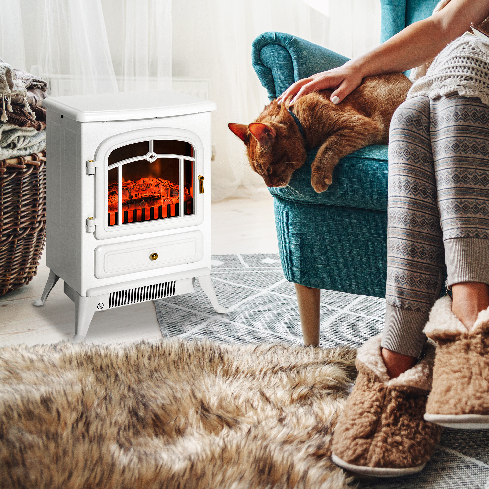 Elektrokamin Kaminofen Mit Flammeneffekt 950/1850w Überhitzungsschutz Weiß 41,5x28x54,8cm Für Gemütliche Abende