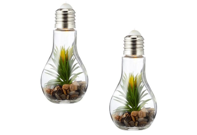 Levandeo® LED Dekoobjekt, 2er Set LED Glühbirne Sukkulenten H19cm Grün Deko Lampe