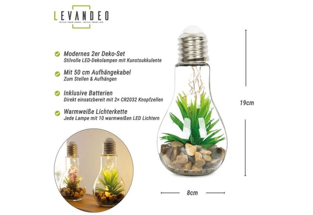 Levandeo® LED Dekoobjekt, 2er Set Sukkulenten Glühbirne Im Glas B x H: 8 x 19 cm LED Warmweiß