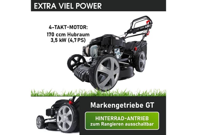 BRAST Benzinrasenmäher mit Antrieb 3,5kW(4,76PS), 46 cm Schnittbreite, TÜV geprüft, 4 Takt OHV Motor, 60L Fangkorb, massives Stahlgehäuse