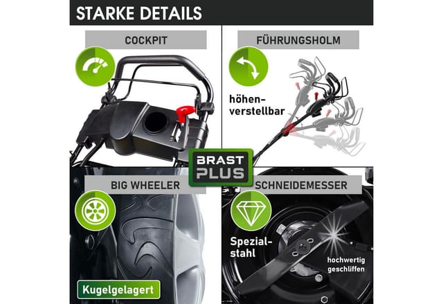 BRAST Benzinrasenmäher mit Antrieb 3,5kW(4,76PS) Elektrostart 4 Takt OHV Motor, 46 cm Schnittbreite, 30-80mm Schnitthöhe 60L Fangkorb Stahlgehäuse TÜV