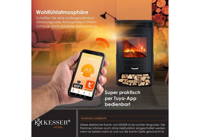 KESSER Elektrokamin, Prio Elektrokamin mit Heizung Heizlüfter Fernbedienung WiFi