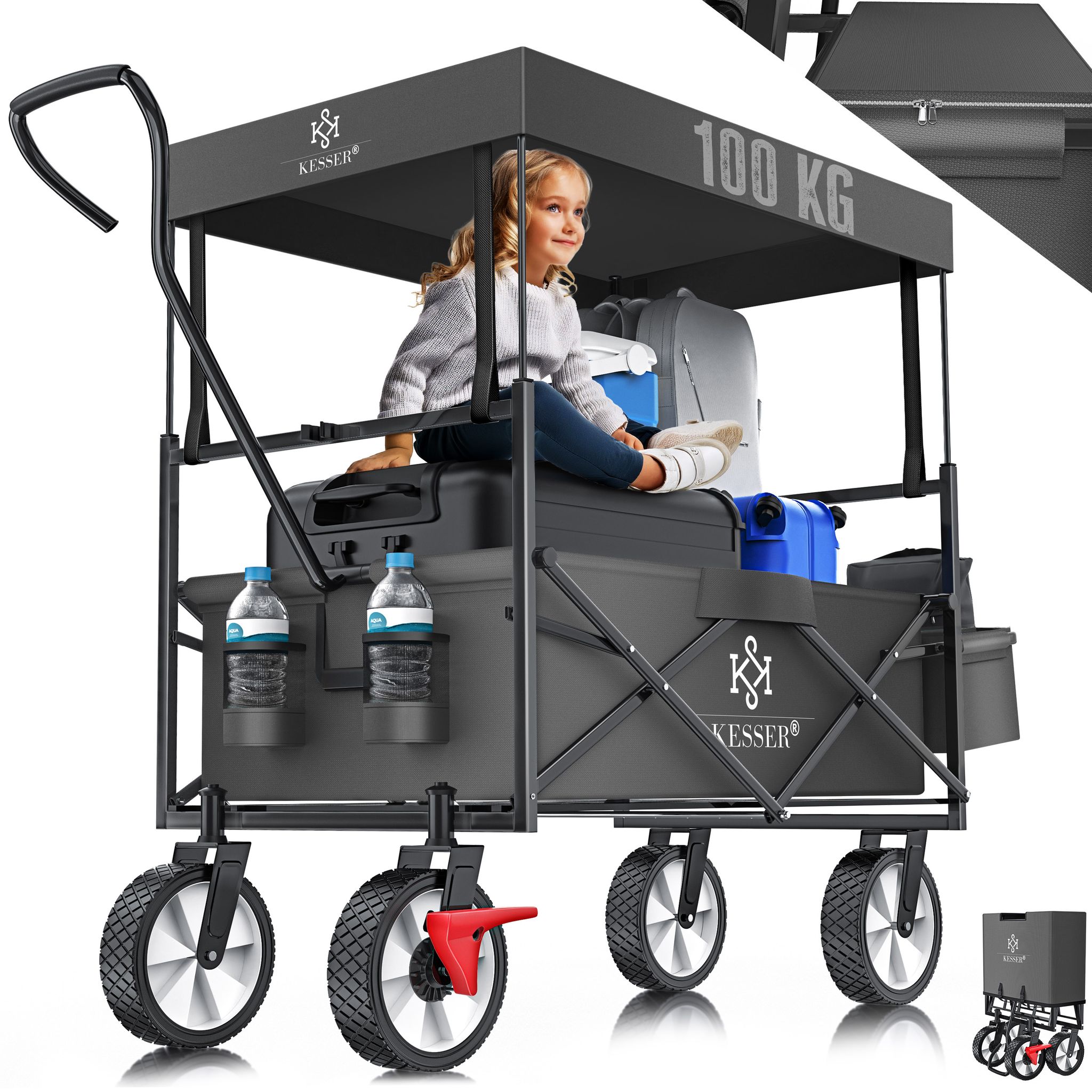 Kesser® Bollerwagen Faltbar Mit Dach, Vollgummi-reifen - Anthrazit