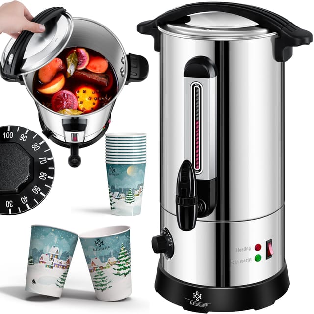 Glühweinkessel 10l Edelstahl Inkl. 10x Becher Glühweinkocher Mit Thermostat Glühweinautomat Heißgetränkeautomat Wasserkocher Heißwasserspender Silber / 10l - Kesser