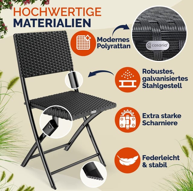 Casaria Balkonset Rom, Polyrattan 3 tlg. Klappbar Platzsparend 2 Personen Wetterfest Balkon