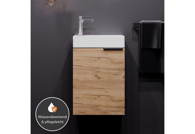 Planetmöbel Waschtisch Waschbeckenunterschrank 40cm Gold Eiche (2er Set, 1-St), Badmöbel, Breite 40 cm, bestehend aus Keramik-Becken und Unterbau