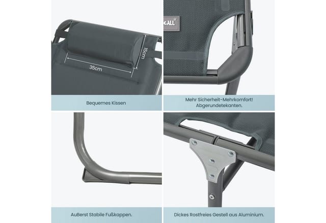 HOMECALL Gartenliege Sonnenliege AluLiege Liegestuhl Strandliege Liegen, klappbar, Textilene Mit Dickem Schwamm, Verstellbare Rückenlehne, Sonnenblende, Kopfpolster, bis 180KG