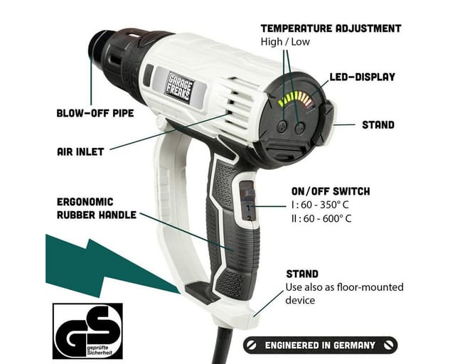 Garage Freaks Heißluftgebläse Heißluftpistole mit 5 M Kabel, LED Anzeige, 60-600° C, bis max. 600 °C, mit LED Anzeige - 600° - 2000W