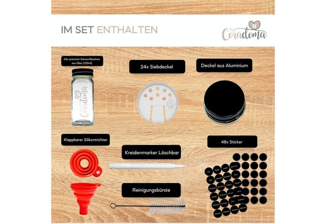 Coradoma Gewürzbehälter Gewürzgläser Set Eckig inkl. Etiketten - Glasbehälter Vorratsdosen, Glas, (24-tlg), mit Reinigungsbürste, Trichter zum Befüllen, Gewürzetiketten