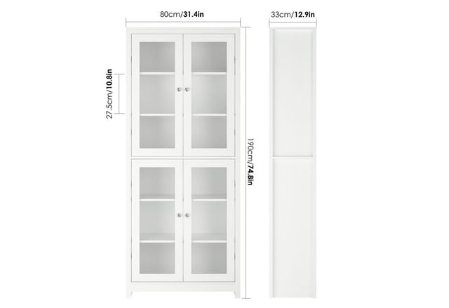 Homfa Vitrine Vitrinenschrank, Bücherschrank, 190 cm Hochschrank mit 4 Glastüren, 6 Fächern, 80x33x190cm, Weiß, aus Holz