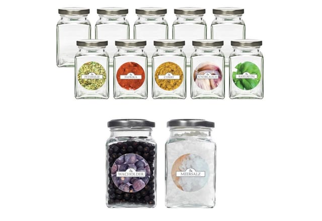 mikken Gewürzbehälter 12er Set Gewürzgläser 260 ml mit Blueseal Deckel, (Spar-Set, 12er Set), PVC-Frei - mit Gewürzetiketten
