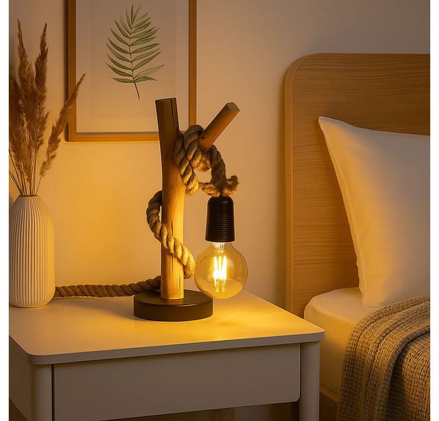 NOWA Schreibtischlampe, Leuchtmittel nicht inklusive, Tischlampe Tischleuchte Nachttischlampe Holzlampe Hanfseil E27 H 40 cm