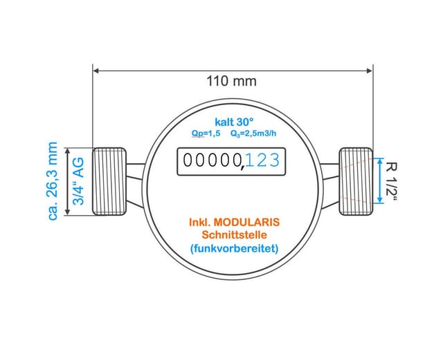 ZAEHLER.de Wasserzähler Qundis Q water 4 Verschraubungs-Wasserzähler Q3 = 2,5 m3/h 80 110 130, (Wasserzähler inkl. Dichtungen und Plobiermaterial), funkvorbereitet für Modularis-Module