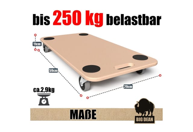 BigDean Schwerlastrolle Materialtransporter 250kg Schwerlast Möbelroller, (Set, 1-St., Möbelroller), Möbelhund, Möbelroller, MDF-Natur, Antirutschpads, Sanfte TPE-Rollen
