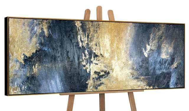 YS-Art Gemälde Spiegelungen, Abstraktes Leinwand Bild Handgemalt in Blau Gold mit Rahmen