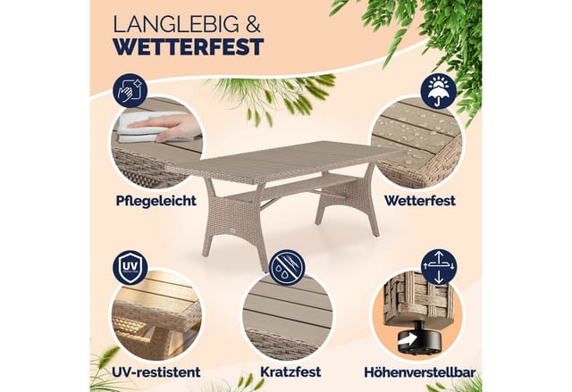 Casaria Gartentisch (1-St), Wetterfest 190x90x75cm WPC Tischplatte Polyrattan inkl. Ablage