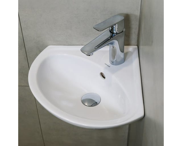 Belvit Waschbecken BV-WBE1001 aus Keramik – Eckwaschbecken mit Hahnloch Wandmontage (1-St), 36×36×15 cm kompakt für Badezimmer & Gäste WC, mit Überlauf, weiß