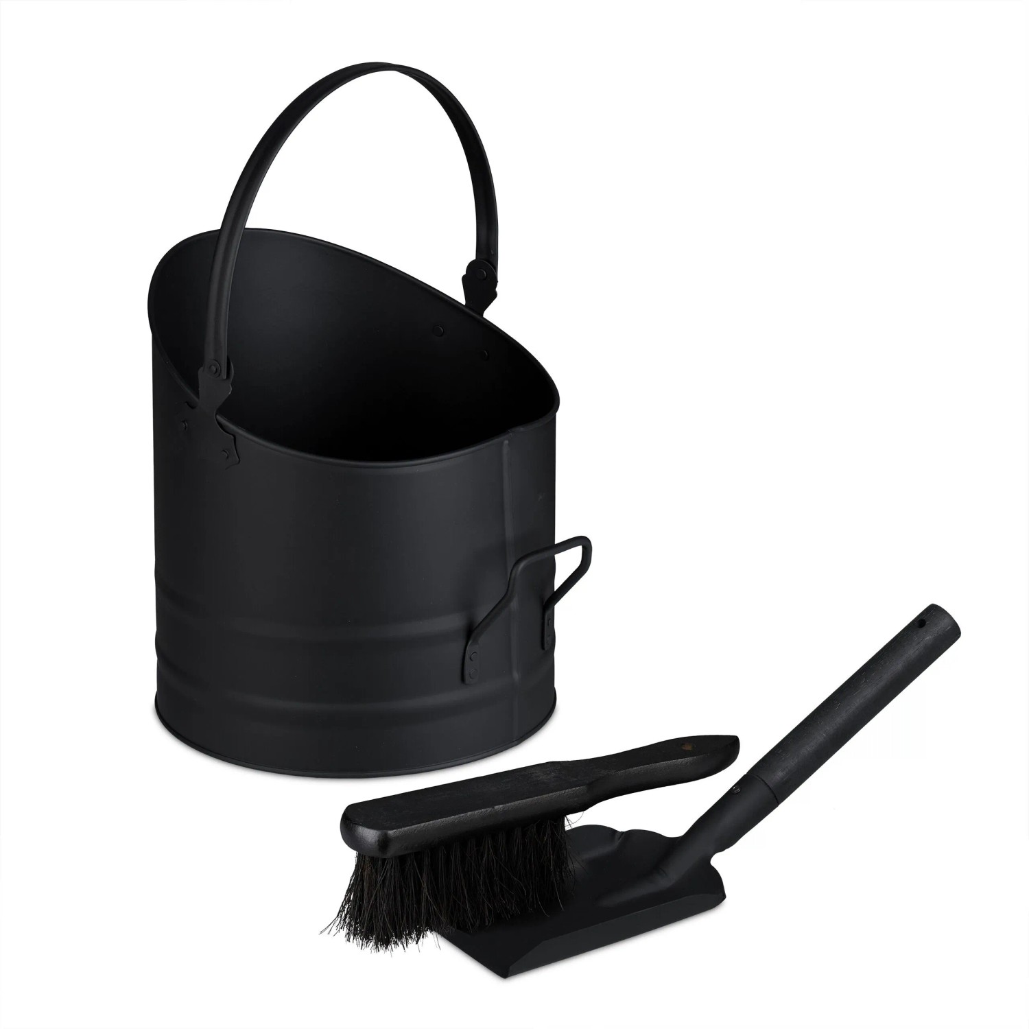 Relaxdays Ascheeimer Eisen Schwarz mit Kehrgarnitur 9,5, 28,5 cm x 27,5 cm 1,3 kg