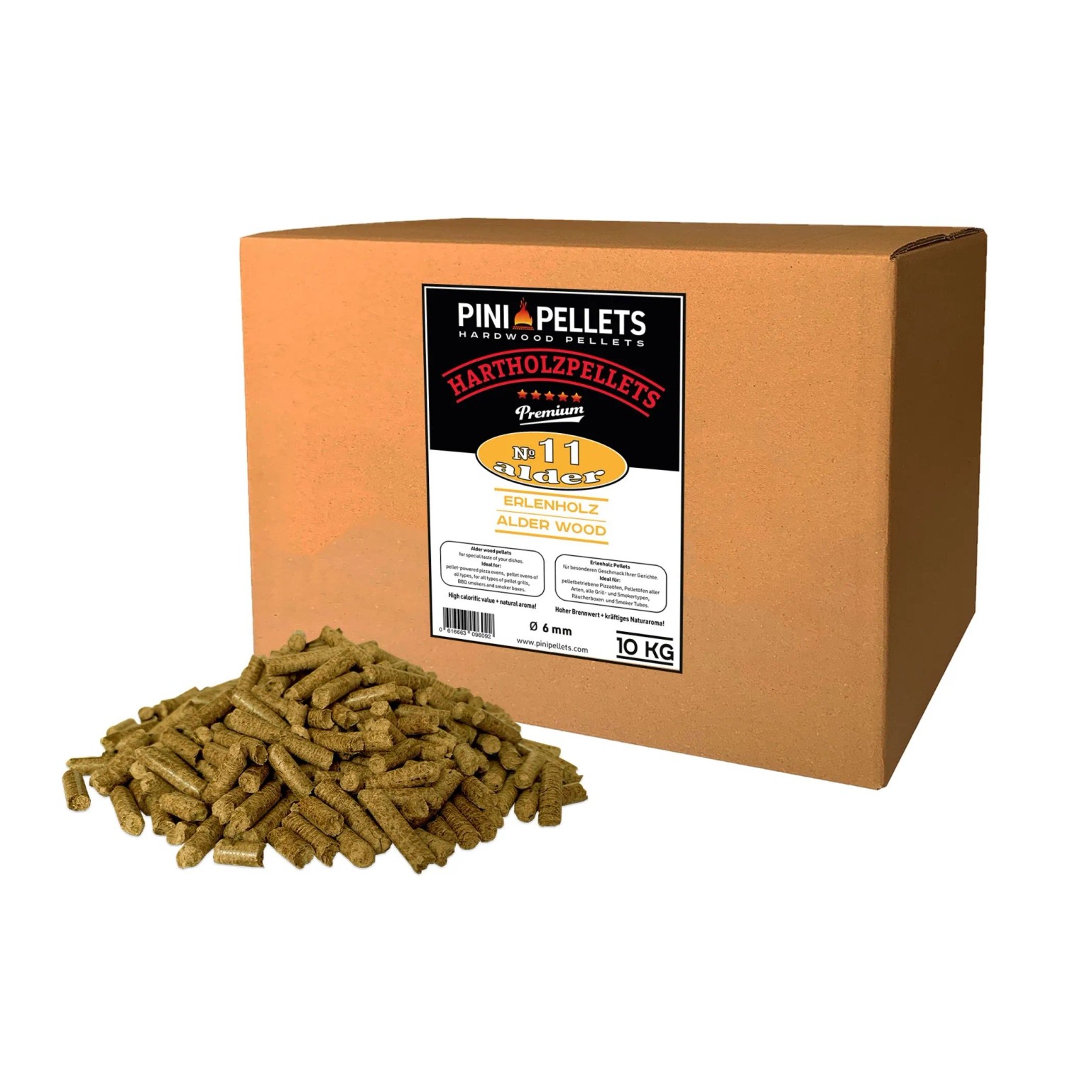 PINI Grillpellets 10 kg Alder №11 BBQ Hartholzpellets zum Grillen Räuchern Smoken