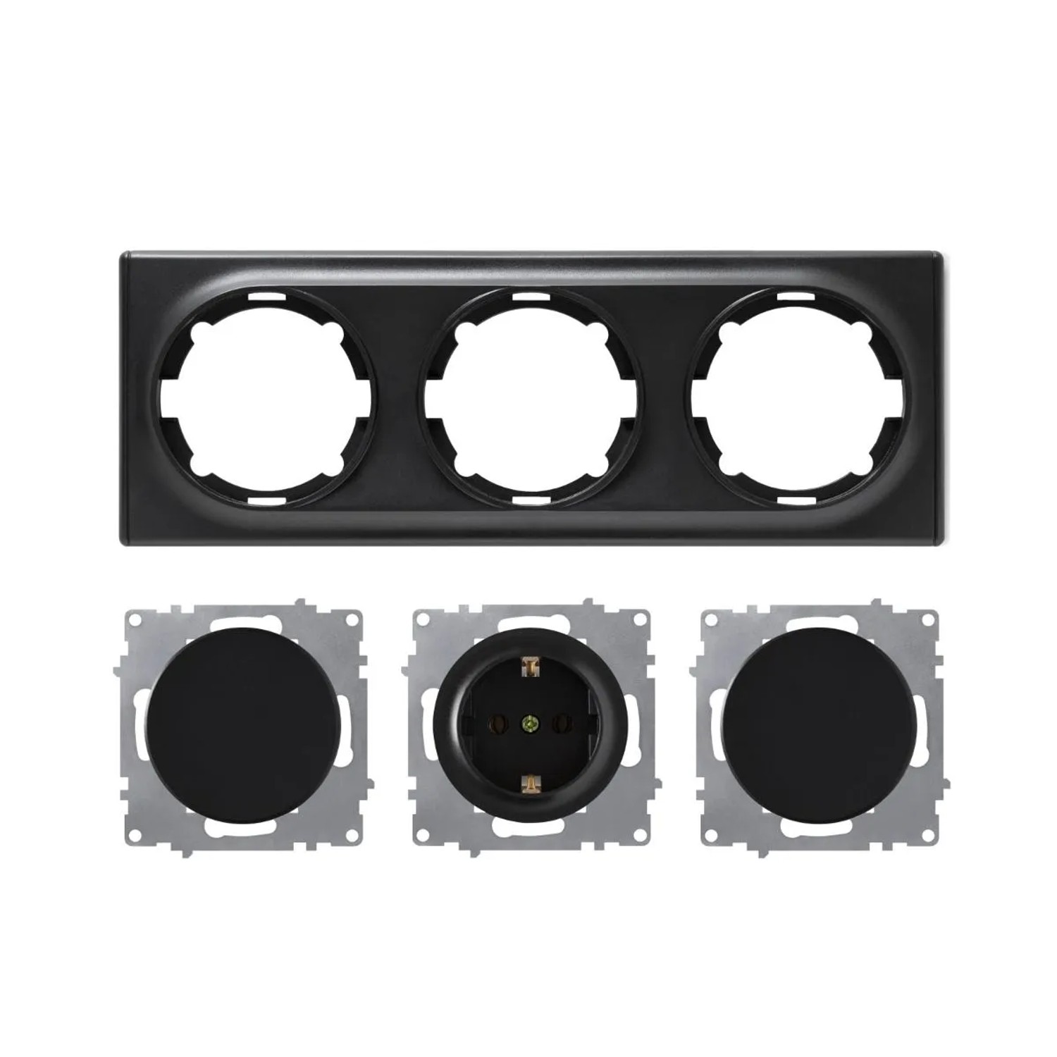 OneKeyElectro Schuko Steckdose und 2x Lichtschalter mit Abdeckrahmen 3fach Unterputz Waagerecht Schwarz