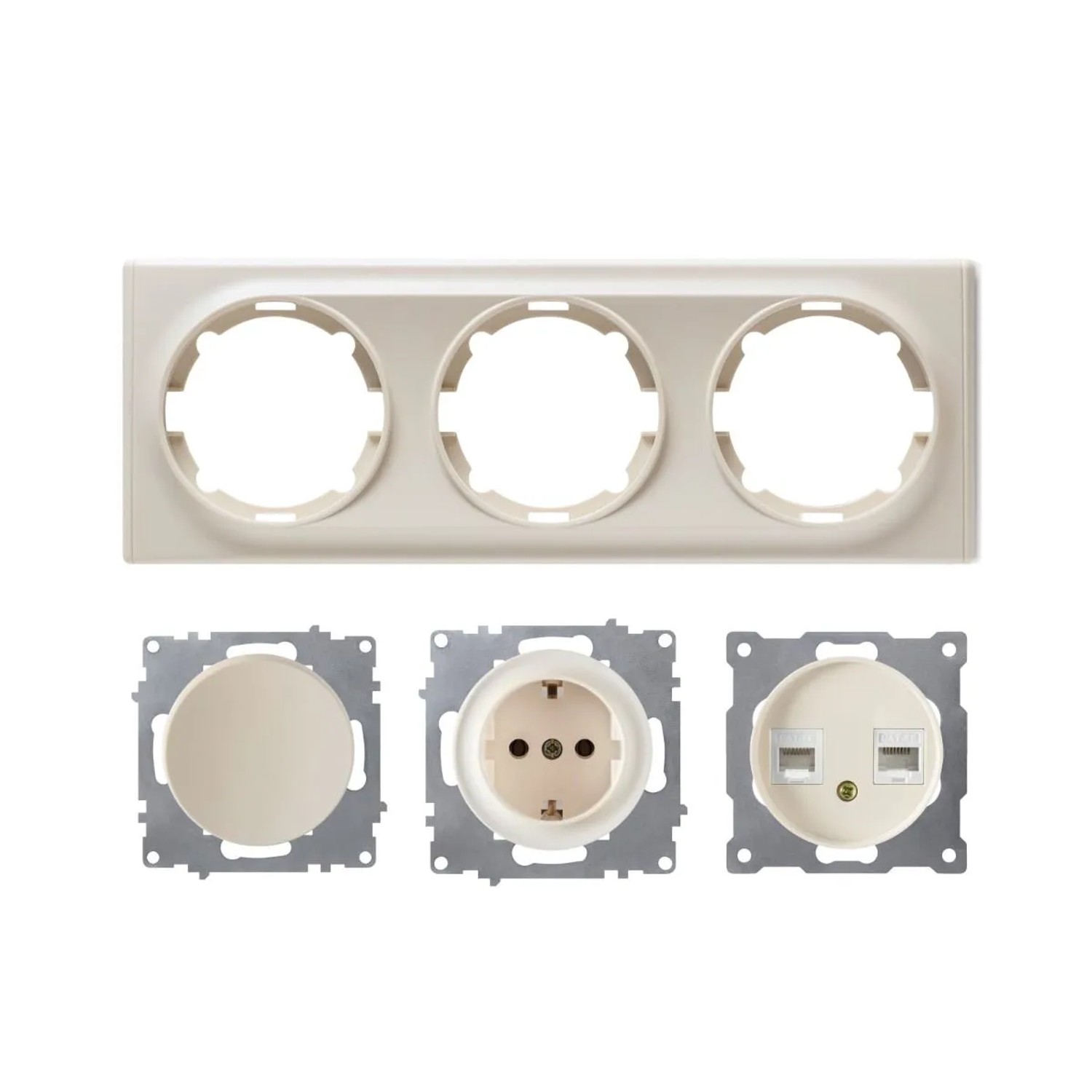 OneKeyElectro Schuko Steckdose Lichtschalter Daten Anschlussdose 2 Fach mit Abdeckrahmen 3fach Waagerecht Beige