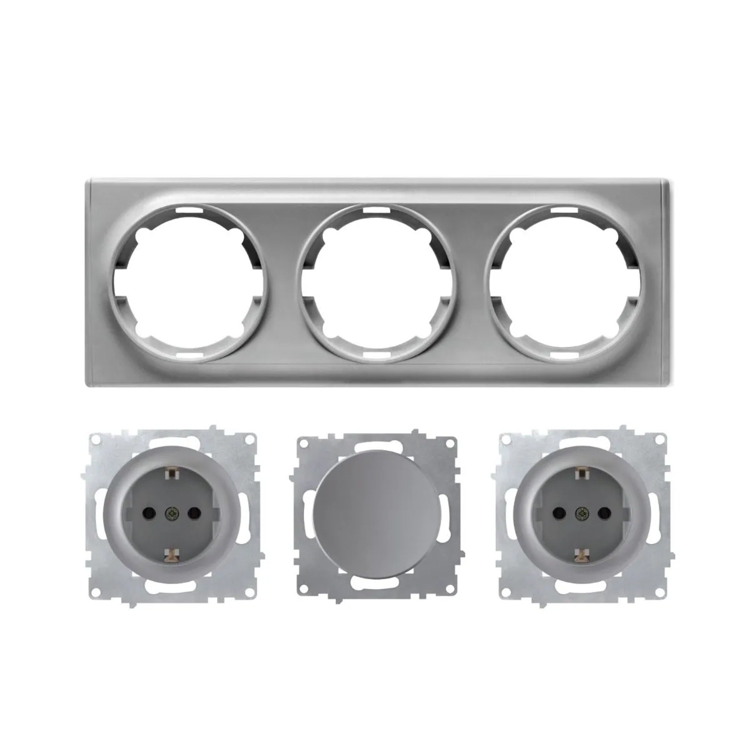 OneKeyElectro 2x Schuko Steckdose und Lichtschalter mit Abdeckrahmen 3fach Unterputz Waagerecht Grau