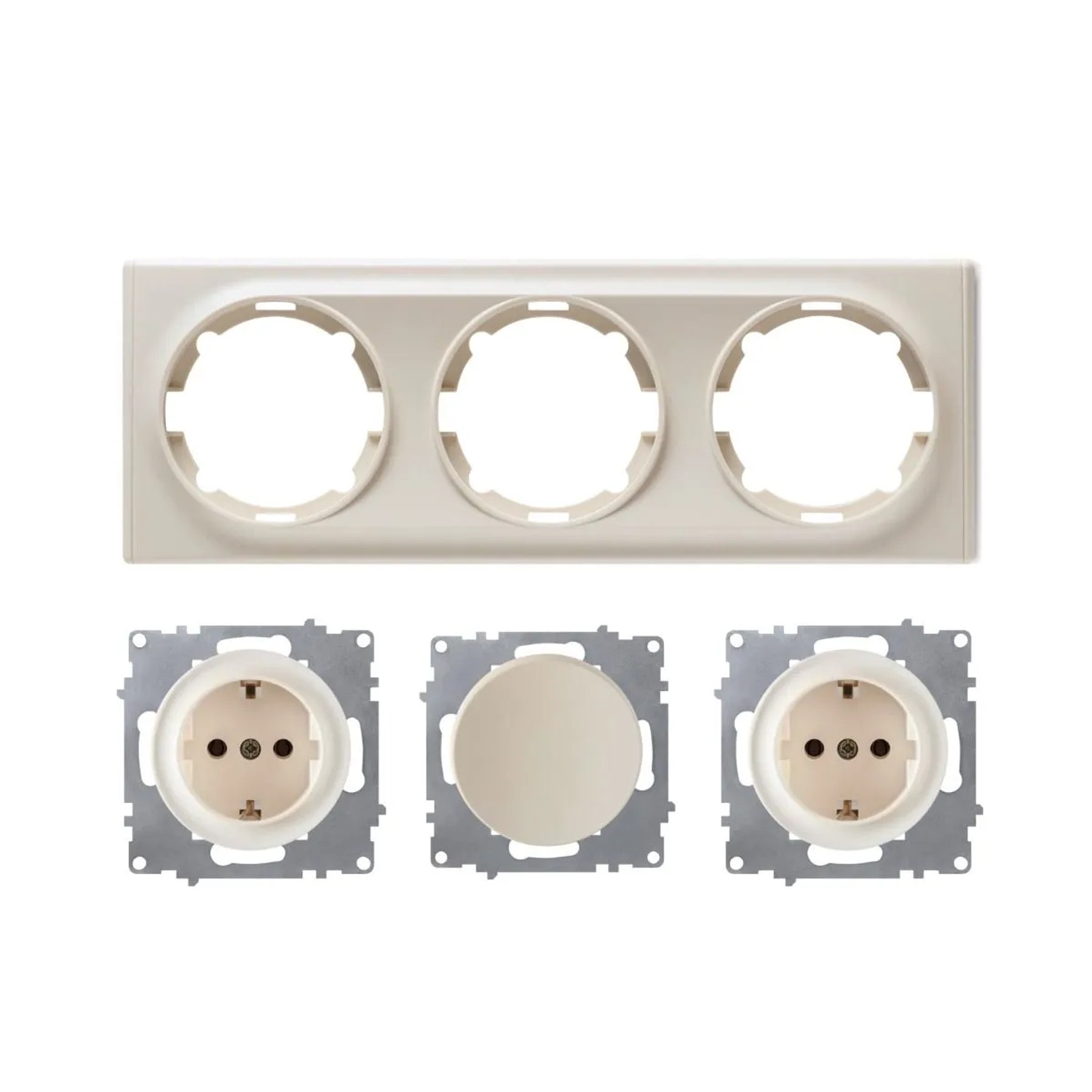 OneKeyElectro 2x Schuko Steckdose und Lichtschalter mit Abdeckrahmen 3fach Unterputz Waagerecht Beige