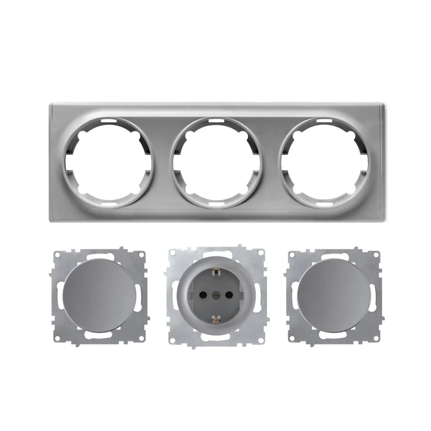 OneKeyElectro Schuko Steckdose und 2x Lichtschalter mit Abdeckrahmen 3fach Unterputz Waagerecht Grau