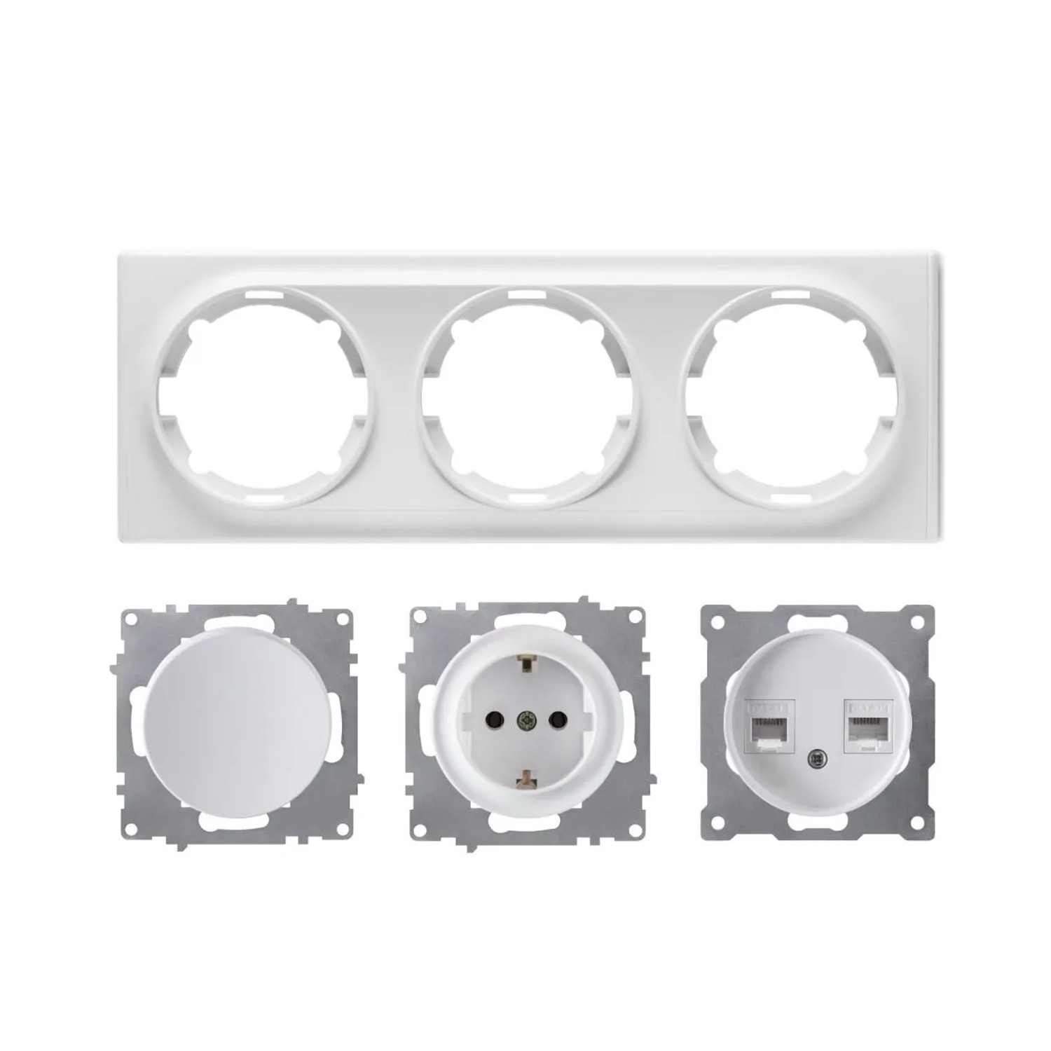 OneKeyElectro Schuko Steckdose Lichtschalter Daten Anschlussdose 2 Fach mit Abdeckrahmen 3fach Waagerecht Weiß