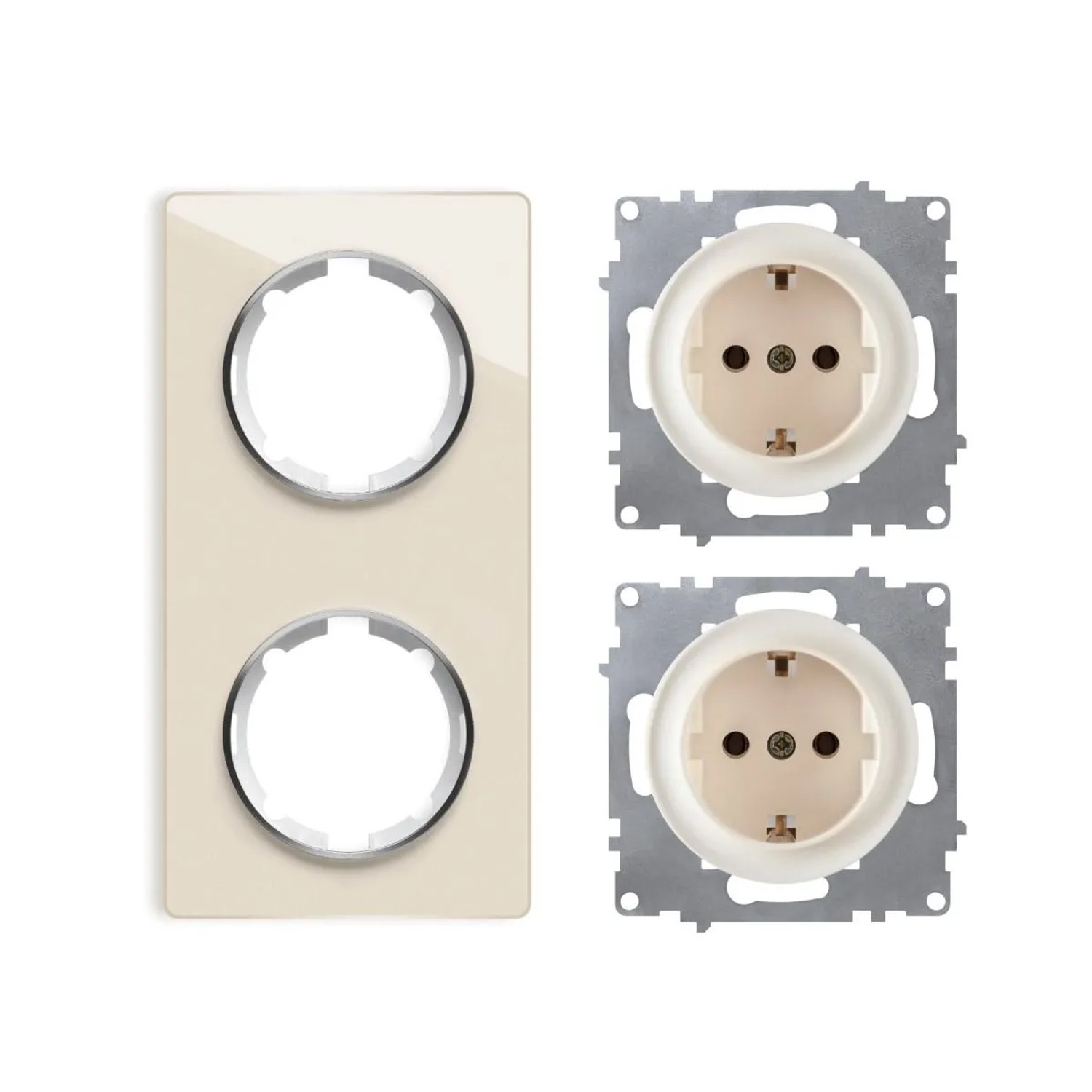 OneKeyElectro 2x Schuko Steckdose mit Glas Abdeckrahmen 2fach Unterputz Senkrecht Beige