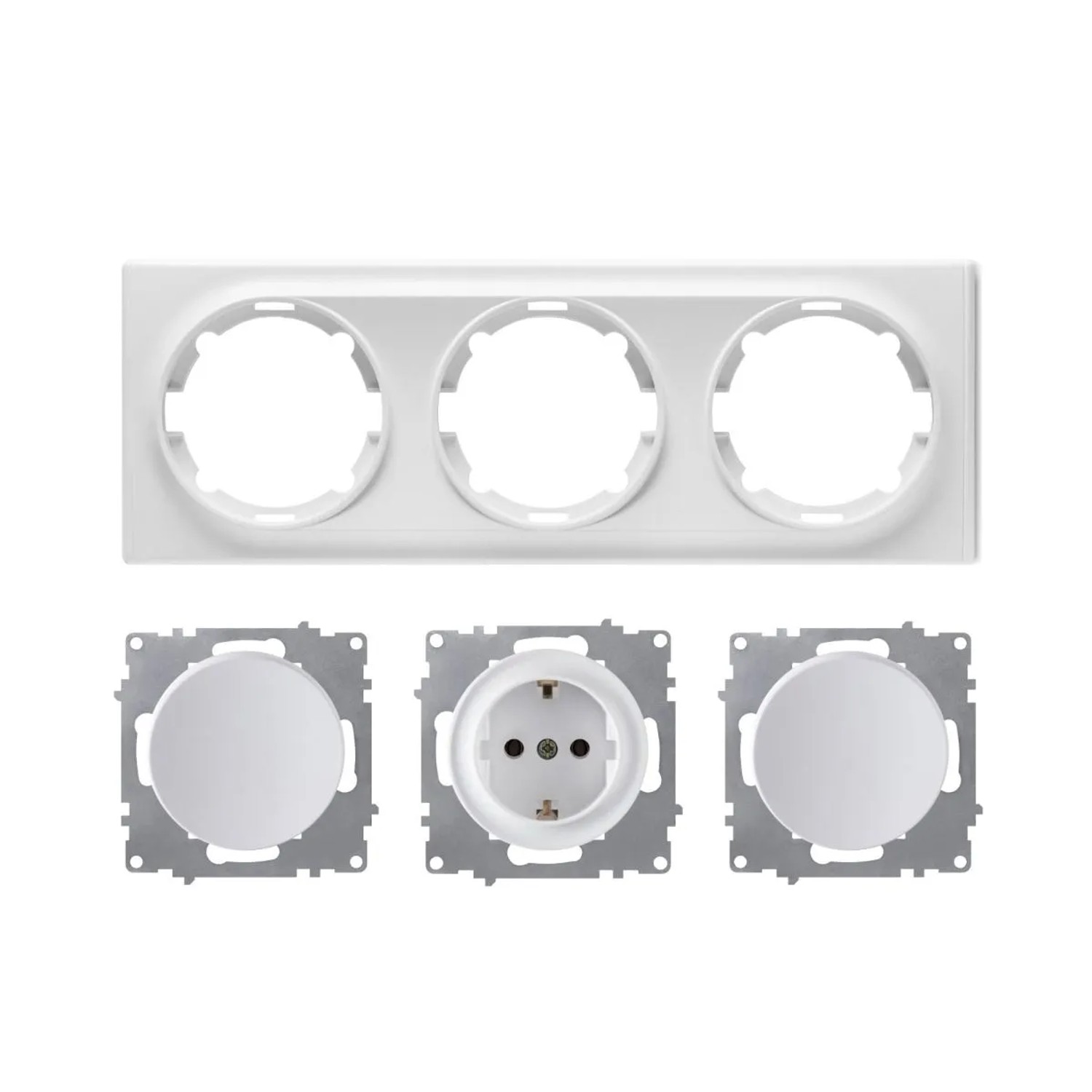 OneKeyElectro Schuko Steckdose und 2x Lichtschalter mit Abdeckrahmen 3fach Unterputz Waagerecht Weiß