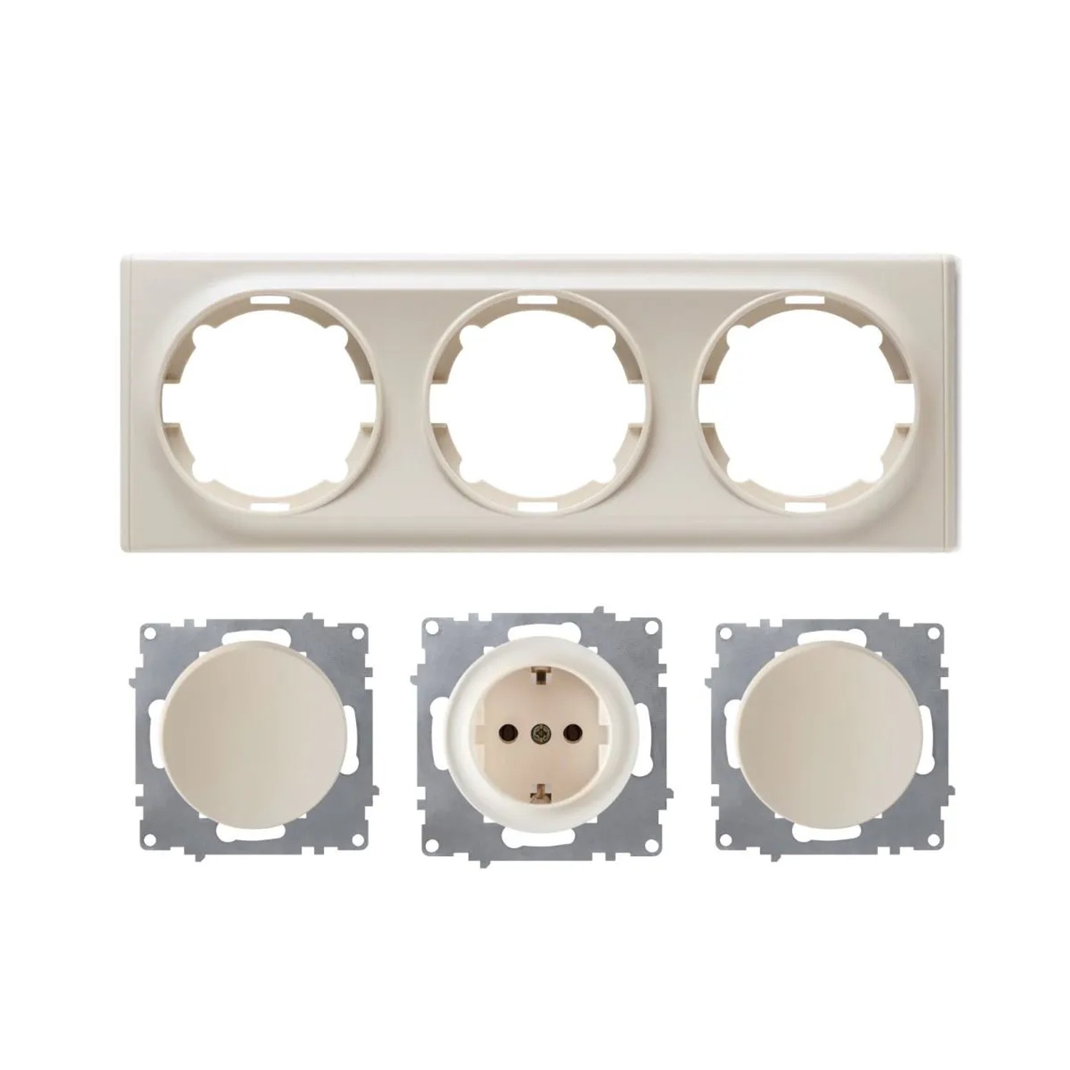 OneKeyElectro Schuko Steckdose und 2x Lichtschalter mit Abdeckrahmen 3fach Unterputz Waagerecht Beige