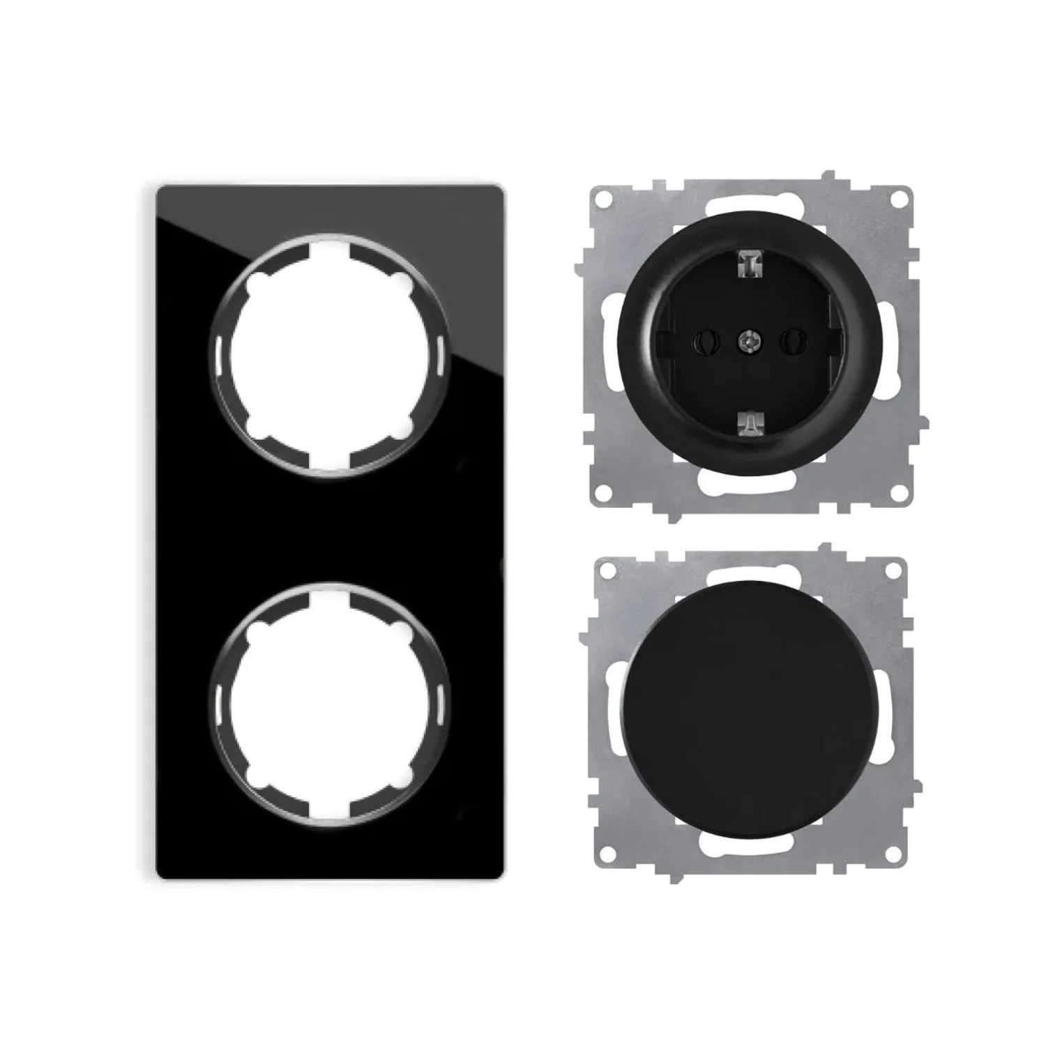 OneKeyElectro Schuko Steckdose und Lichtschalter mit Glas Abdeckrahmen 2fach Unterputz Senkrecht Schwarz