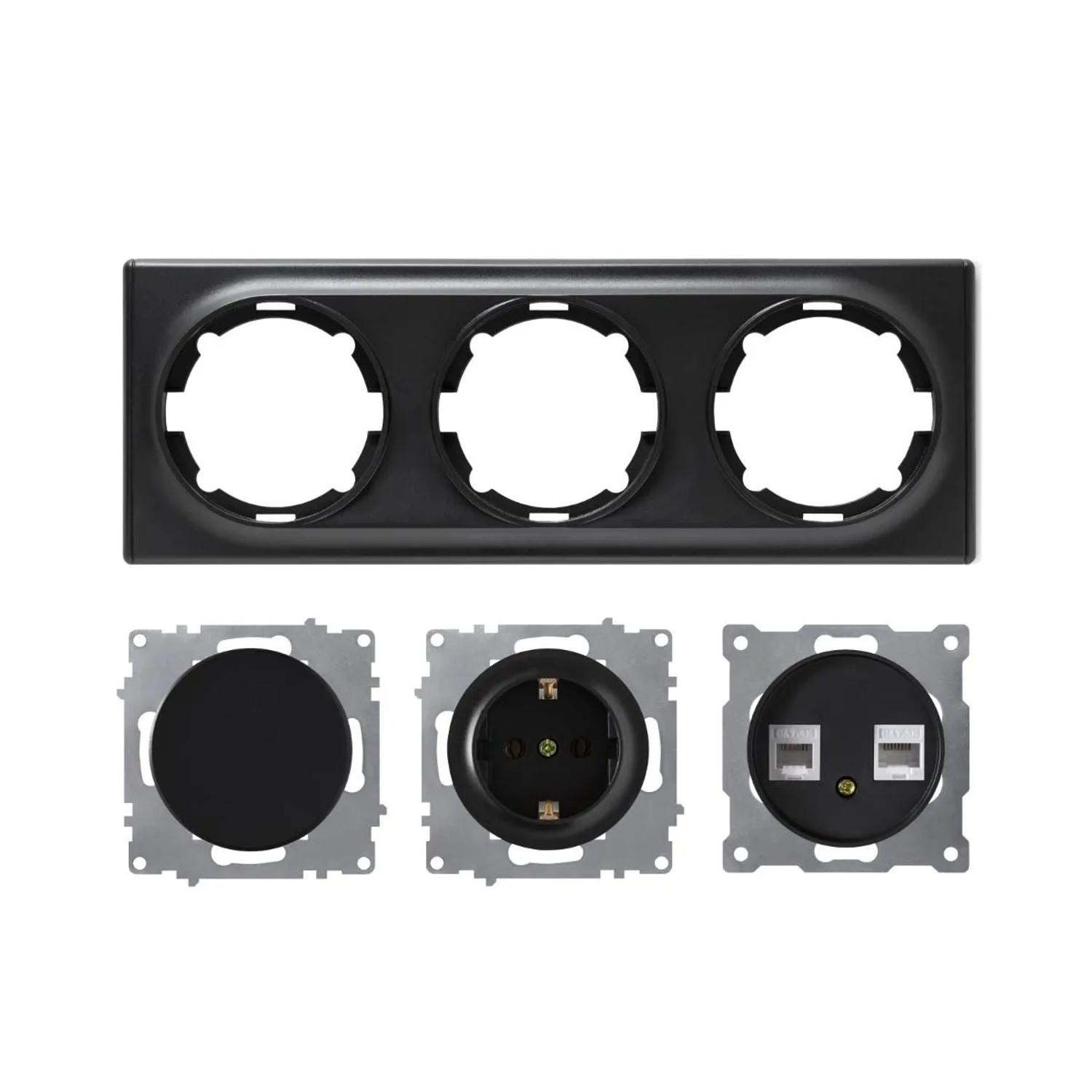 OneKeyElectro Schuko Steckdose Lichtschalter Daten Anschlussdose 2 Fach mit Abdeckrahmen 3fach Waagerecht Schwarz