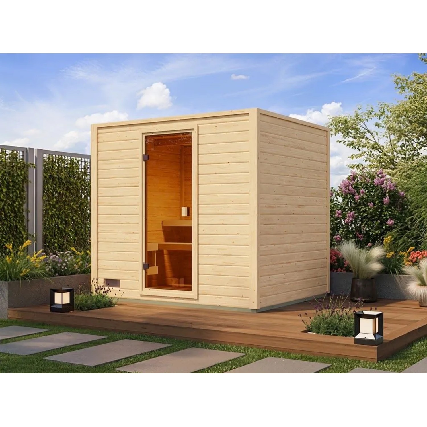 Karibu Gartensauna Lenchen 3 Natur mit Bronzierter Ganzglastür