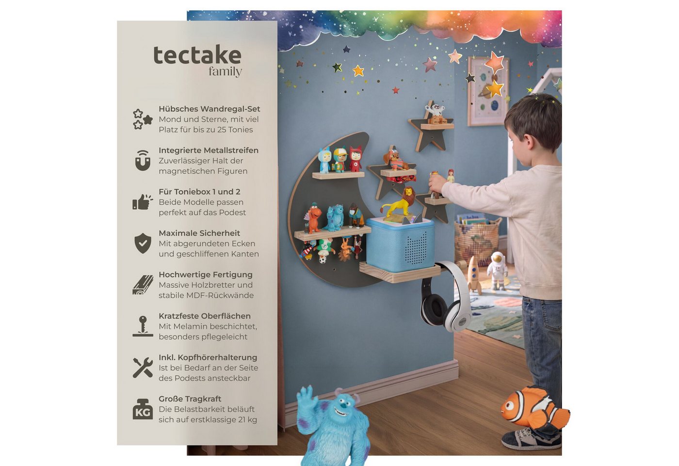 Tectake Wandregal Mylittlestory Star Für Bis Zu 25 Tonies Passend Für Toniebox 1 und 2 Mond und 3 Sterne Metallstreifen Für Magnetischen Halt 16 50 Bild 4