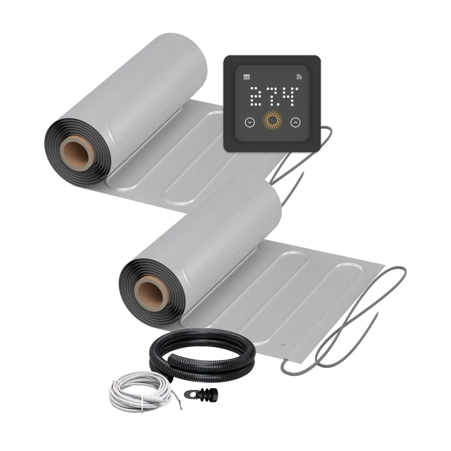 WARMON Fußbodenheizung Elektrisch 2x ALU Matten 150 W/m² 7+6 m² inkl. WiFi Thermostat TS 500 mit Präsenzsensor Schwarz