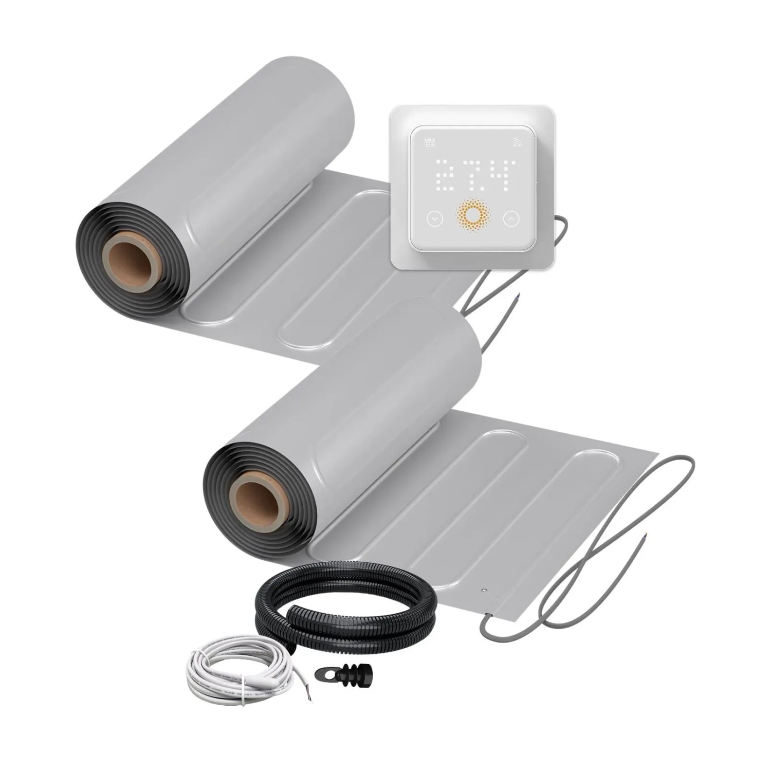 WARMON Fußbodenheizung Elektrisch 2x ALU Matten 150 W/m² 7+4 m² inkl. WiFi Thermostat TS 500 mit Präsenzsensor Weiß
