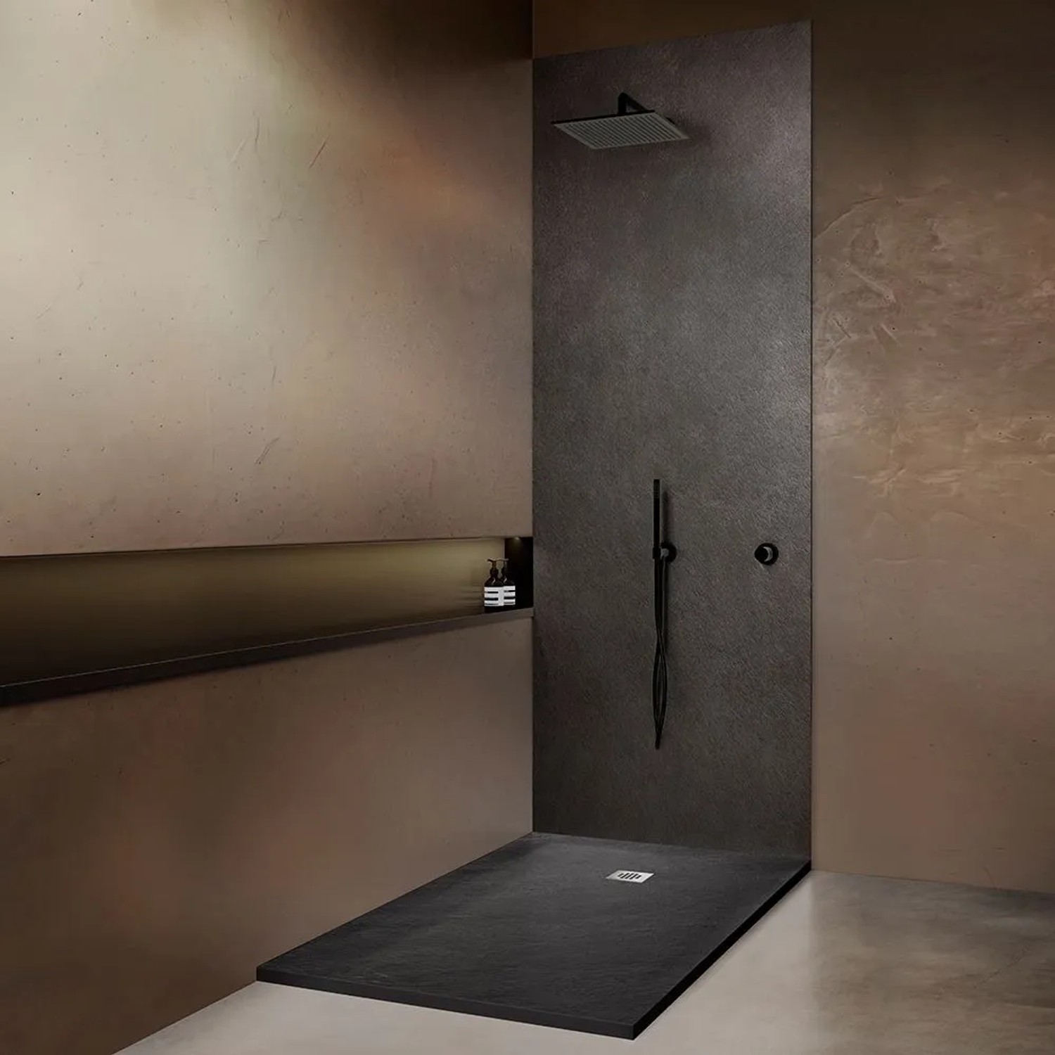 Onbath's Duschwanne Naturstein AnthrazitSchwarz 180x90 cm mit Ablaufrinne, Natursteinlaminierung