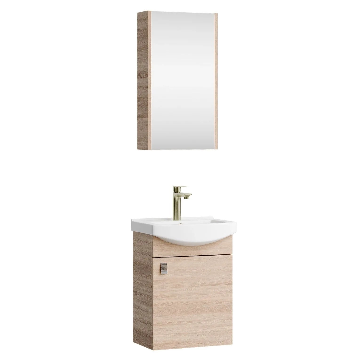 Planetmöbel Badmöbel Set 45 cm Sonoma Eiche mit Keramikwaschbecken Spiegelschrank Soft Close