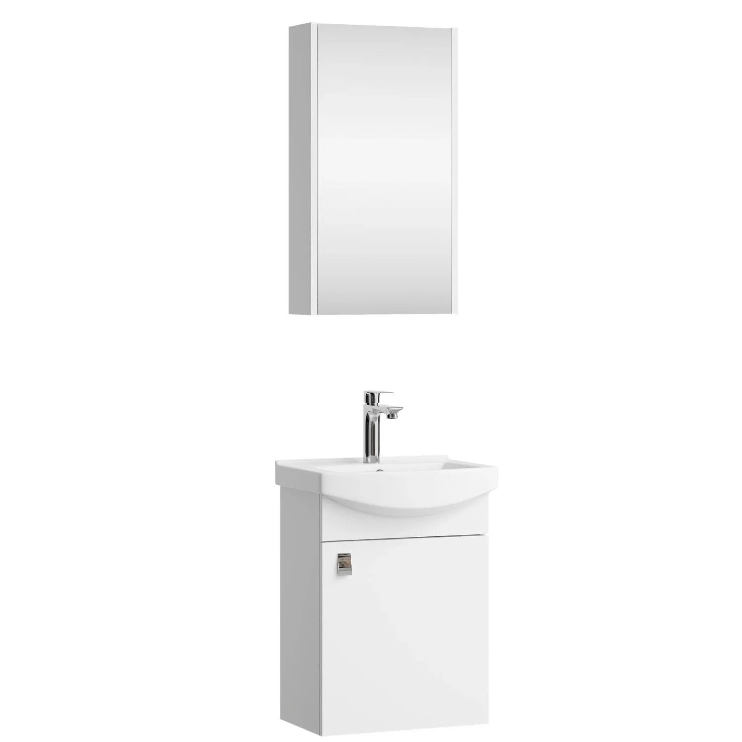 Planetmöbel Badmöbel Set 45 cm Weiß mit Keramikwaschbecken Spiegelschrank Soft Close