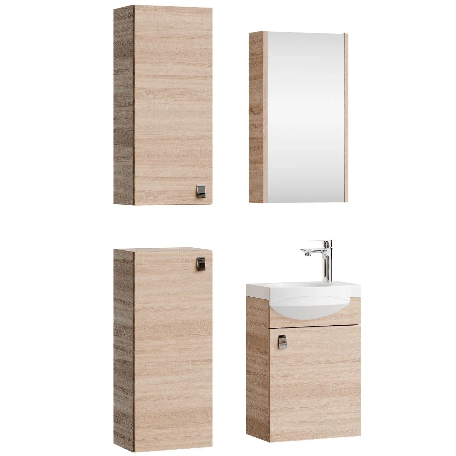 Planetmöbel Badmöbel Set 40 cm Sonoma Eiche mit Keramikwaschbecken Spiegelschrank 2 Midischränke Soft Close