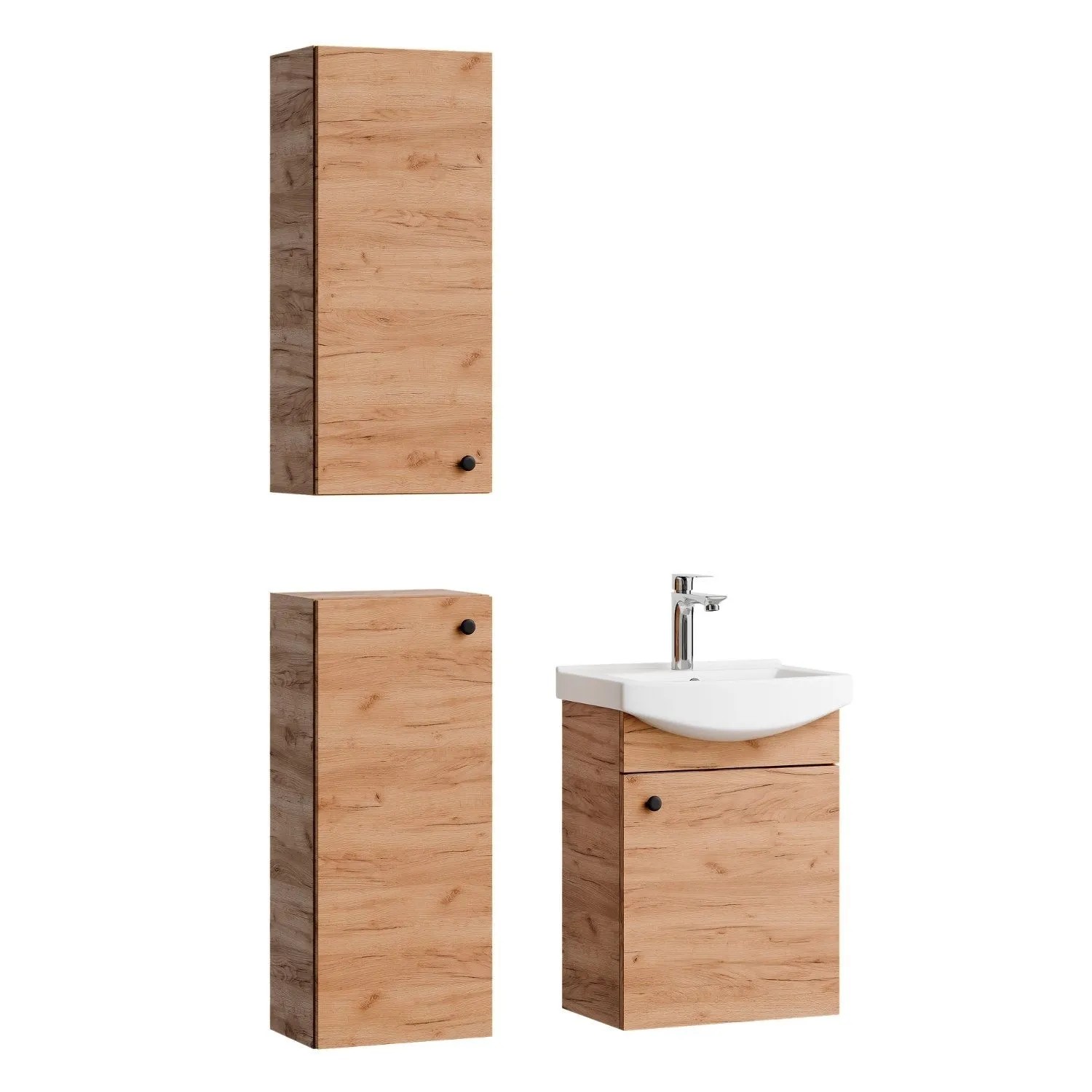 Planetmöbel Badmöbel Set 45 cm Gold Eiche mit Keramikwaschbecken 2 Midischränken Soft Close