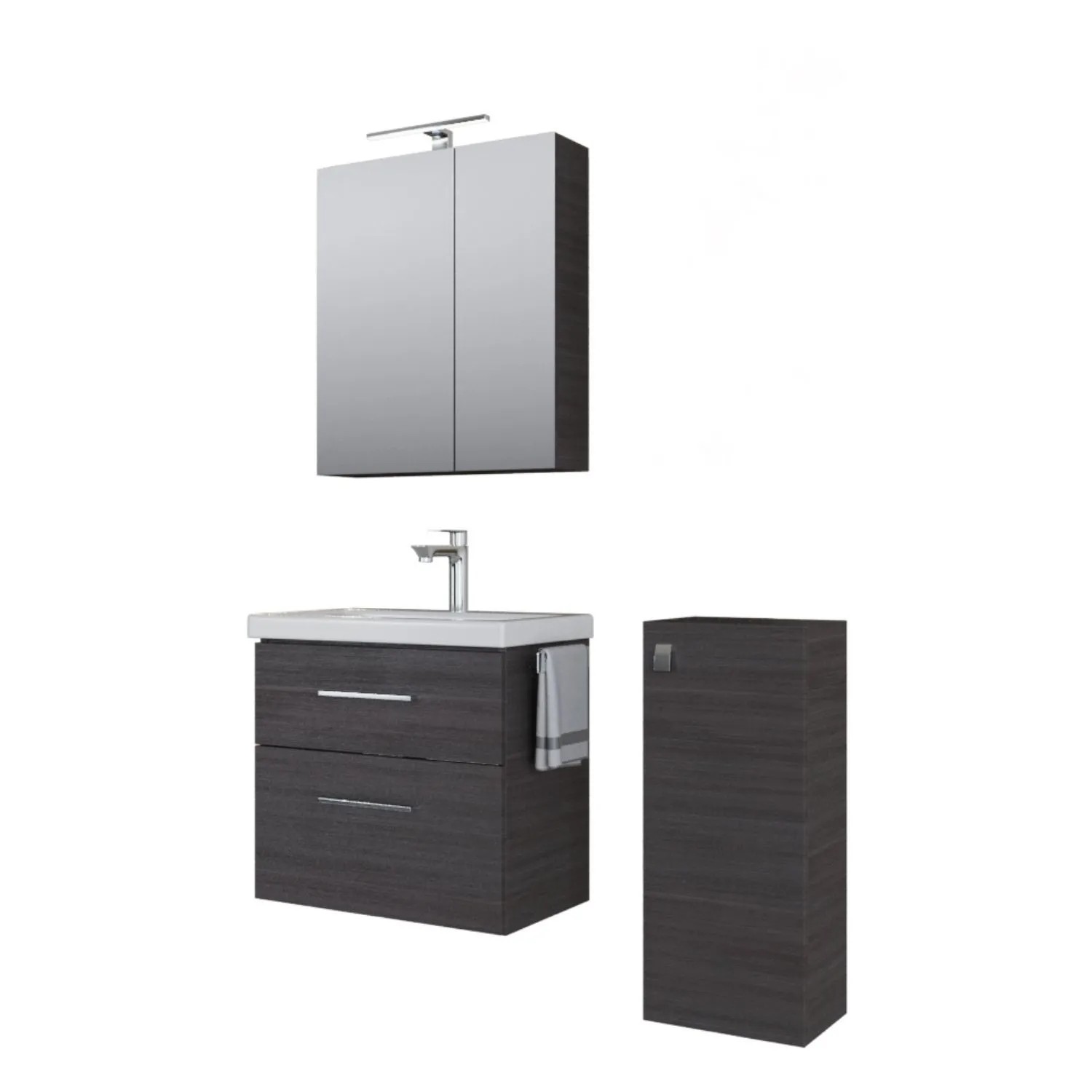 Planetmöbel Badmöbel Set 63 cm Anthrazit mit Keramikwaschbecken LED Spiegelschrank Midischrank Soft Close