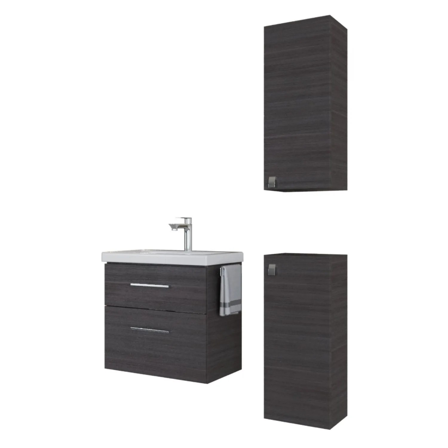 Planetmöbel Badmöbel Set 63 cm Anthrazit mit Keramikwaschbecken 2 Midischränke Soft Close