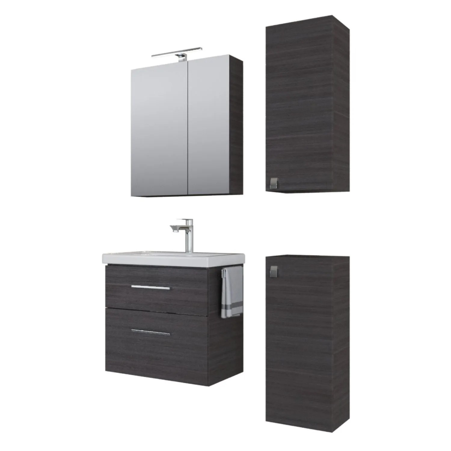 Planetmöbel Badmöbel Set 63 cm Anthrazit mit Keramikwaschbecken LED Spiegelschrank 2 Midischränke Soft Close