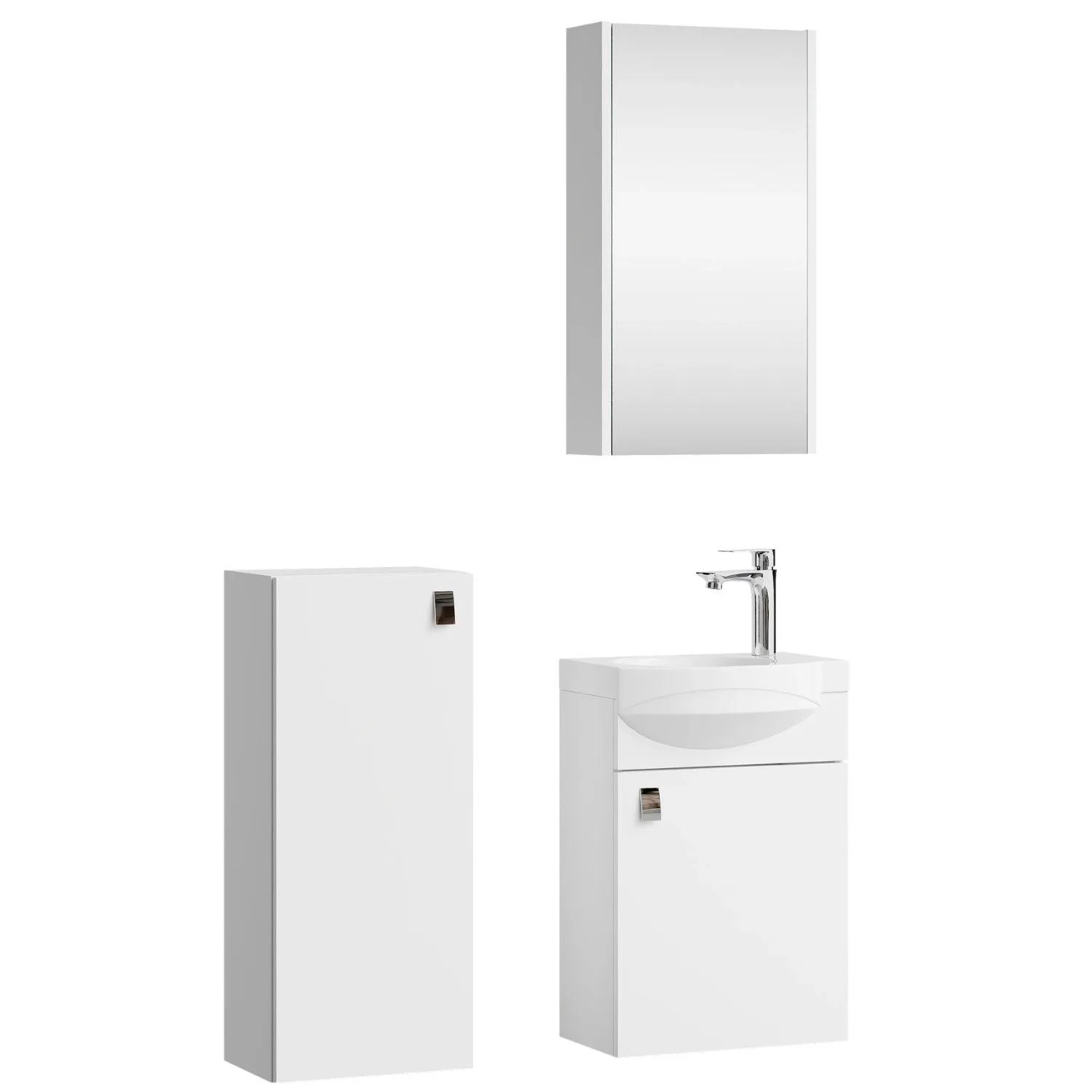 Planetmöbel Badmöbel Set 40 cm Weiß mit Keramikwaschbecken Spiegelschrank Midischrank Soft Close