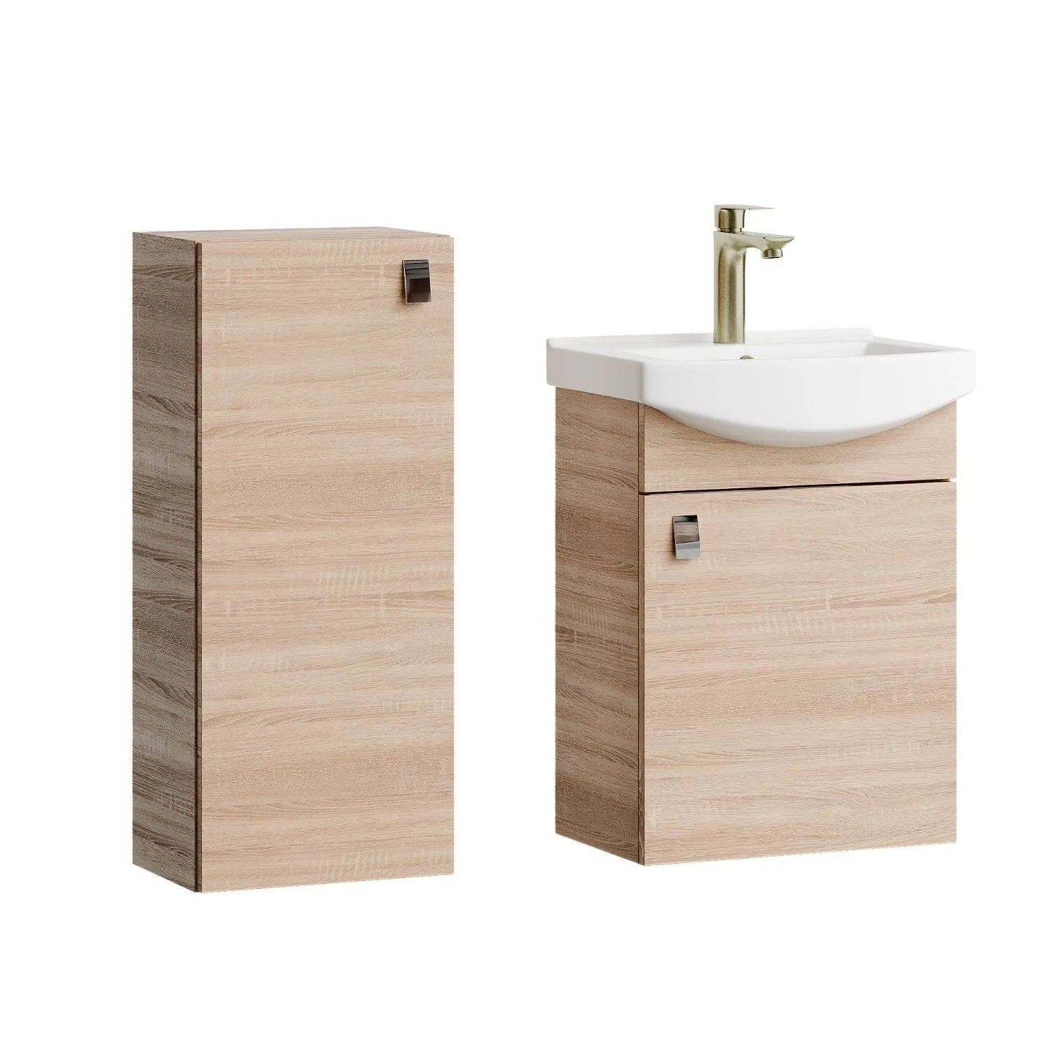 Planetmöbel Badmöbel Set 45 cm Sonoma Eiche mit Keramikwaschbecken Midischrank Soft Close